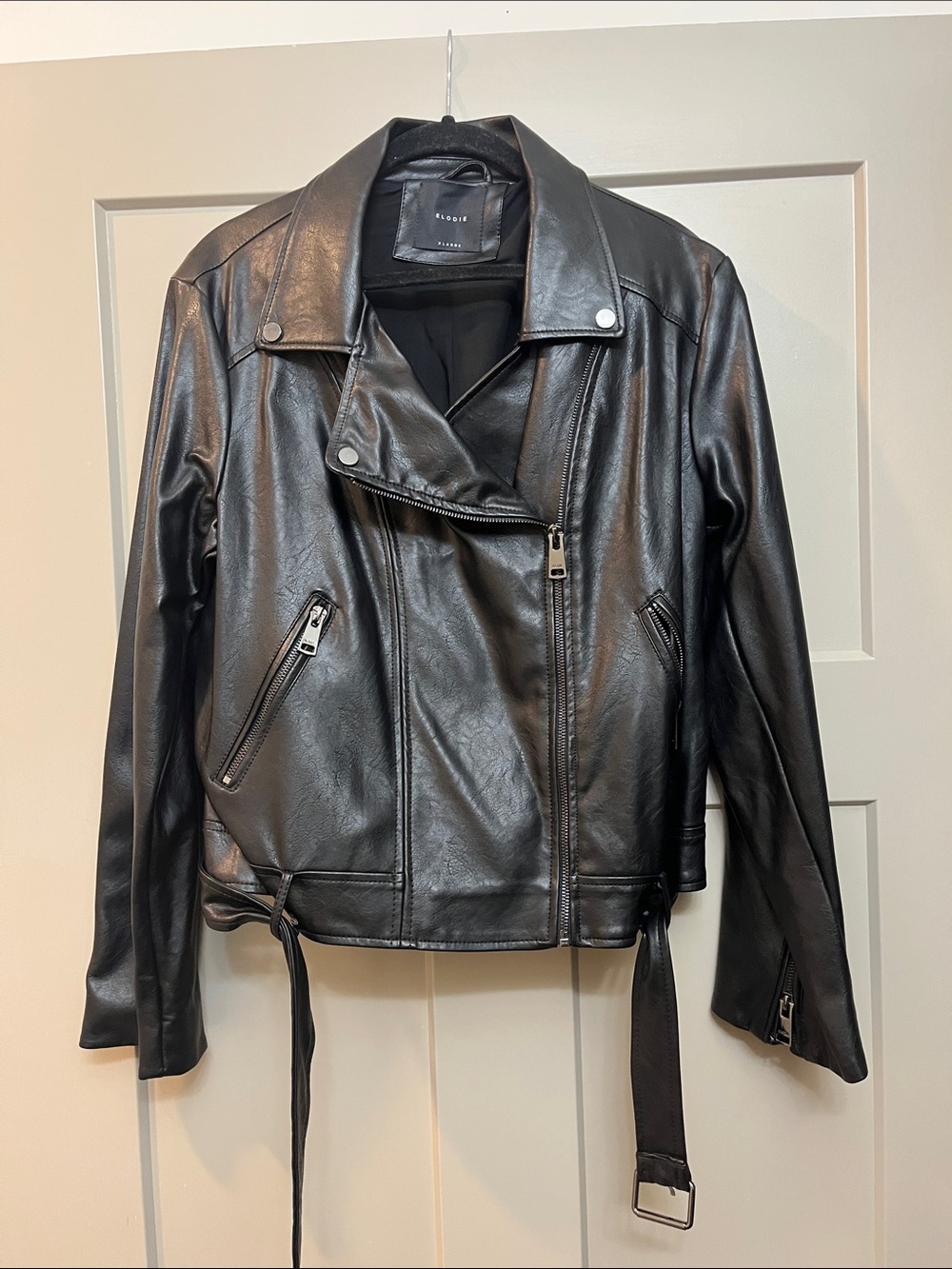 Elodie Black Faux Leather Moto Jacket with Belt